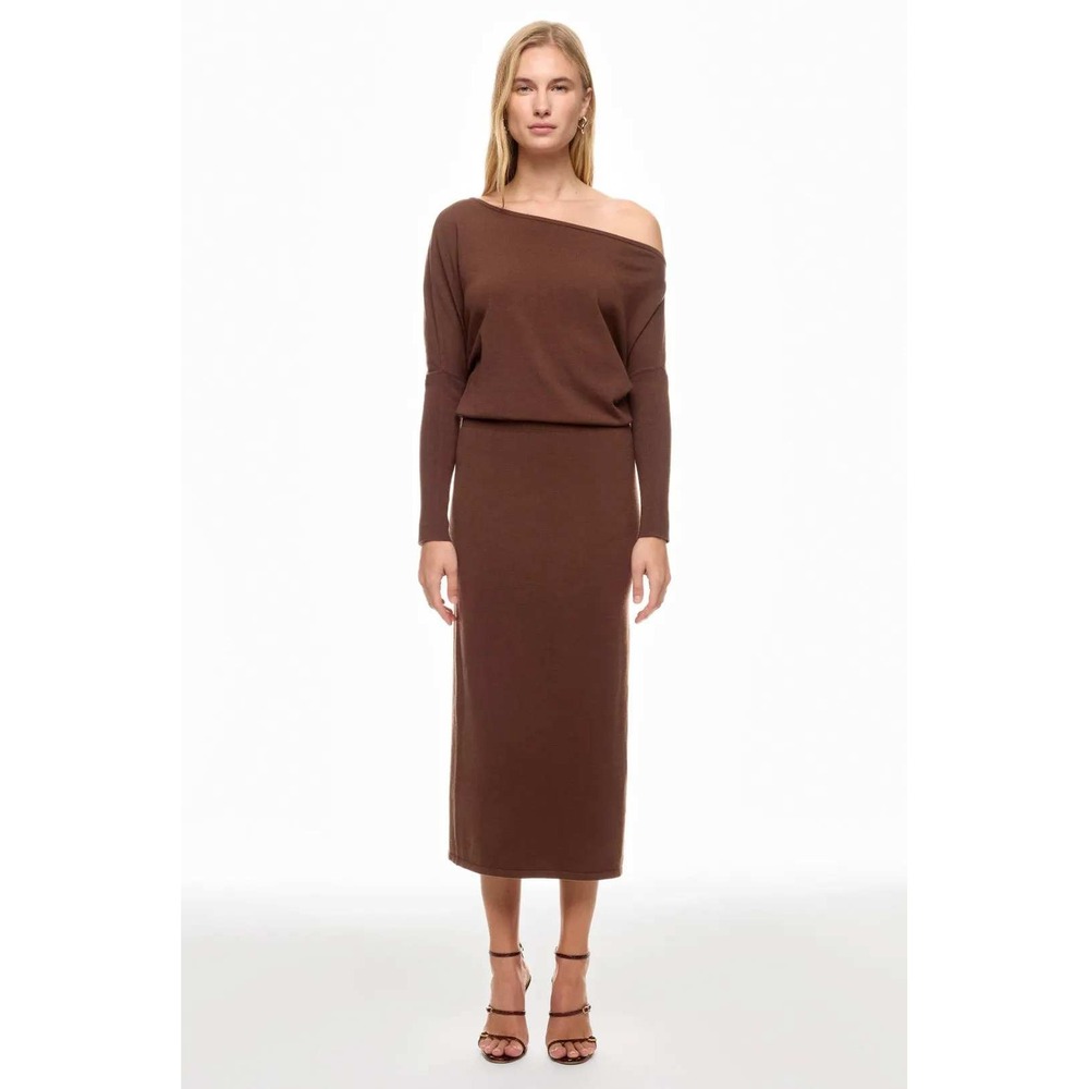 Simkhai Janese Off Shoulder Midi Dress Brown Knit Sweater Dress Sz M